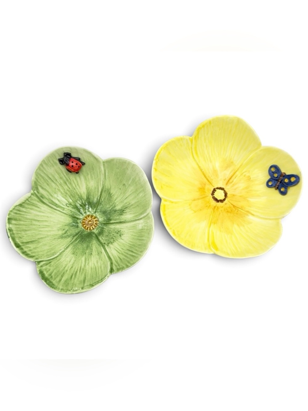 Vtg Italian Majolica Flower Bowls Pair Hand Painted Italy 3D Butterfly Ladybug